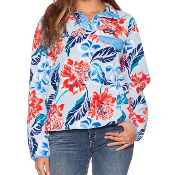 Patagonia Synchilla Snap T Pullover Top S Hawaiian Manoa Dusk White Blue Floral - Picture 1 of 8